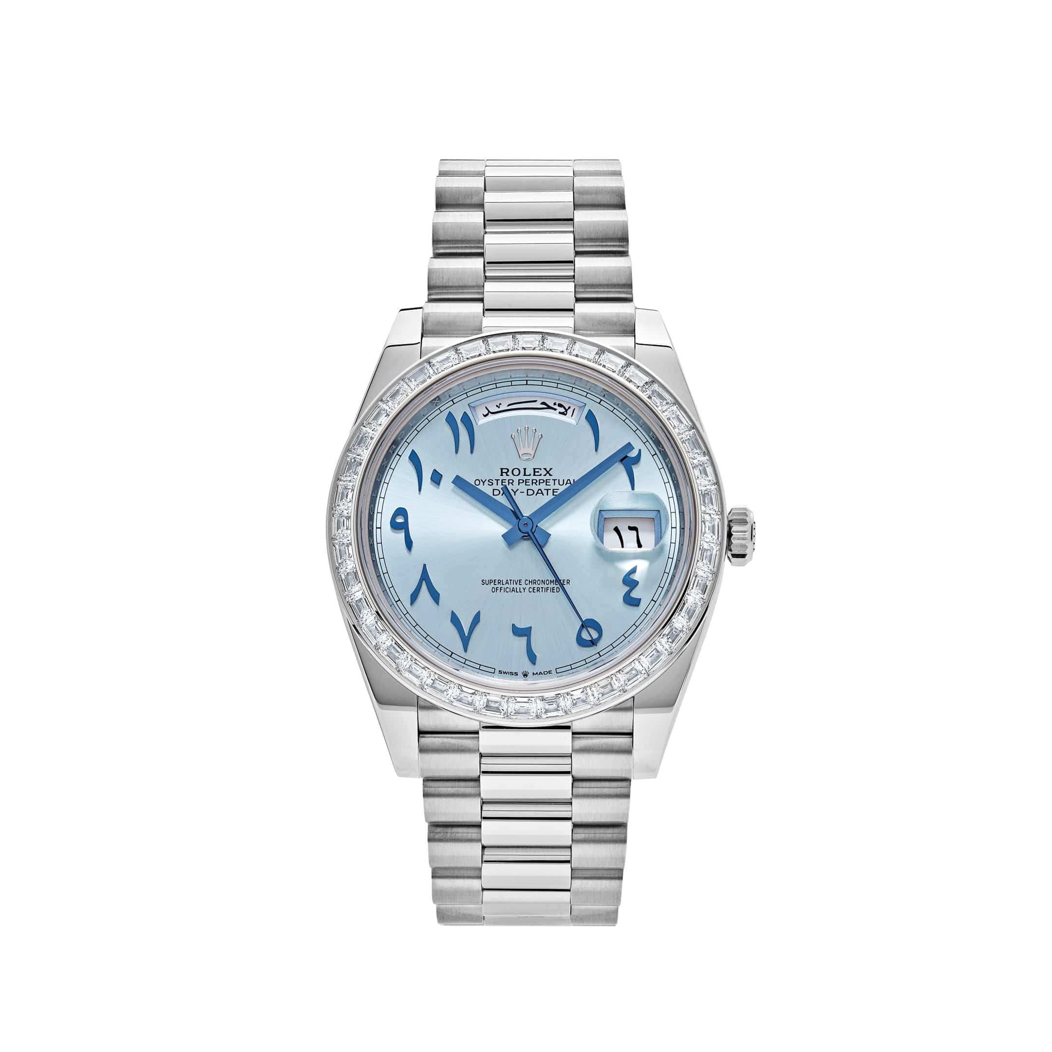 Rolex Day-Date 40 228396TBR Platinum Ice Blue Arabic Dial Diamond Bezel