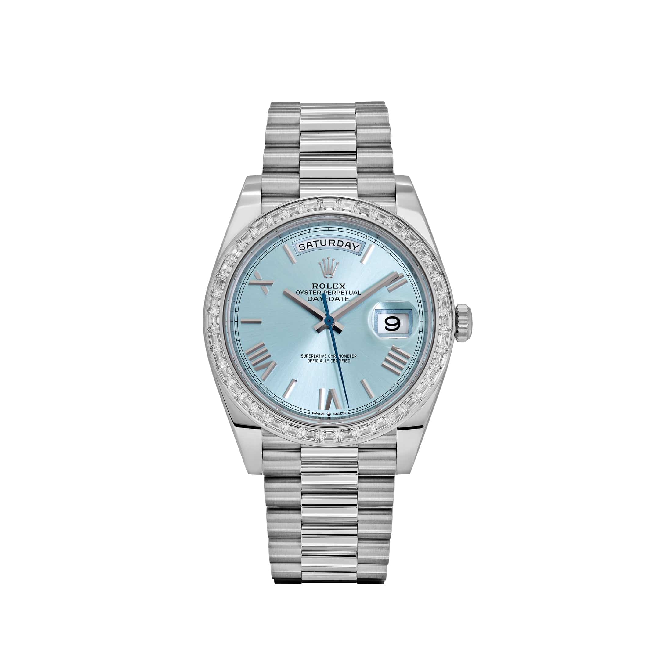 Rolex Day-Date 40 228396TBR Platinum Ice Blue Roman Dial Diamond Bezel