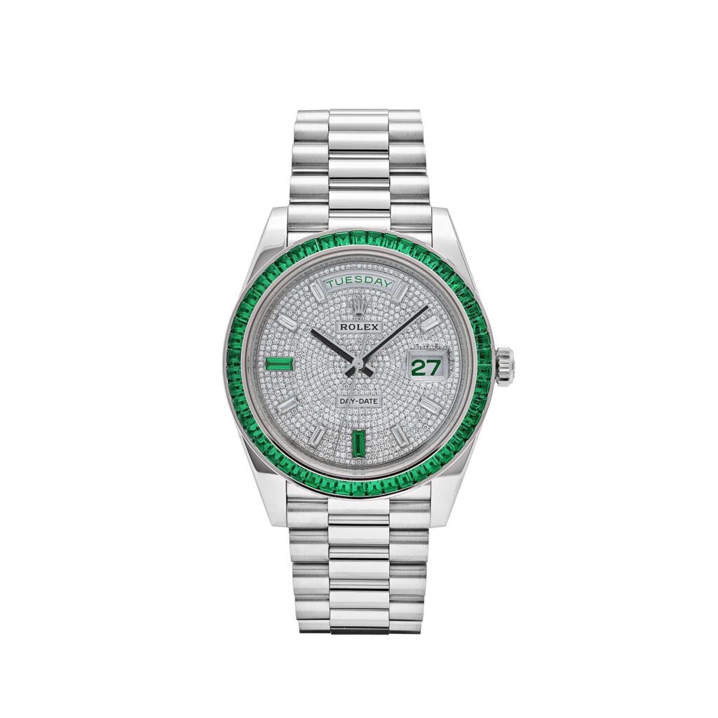 Rolex Day-Date 40 228396TEM Platinum Diamond Dial Emerald Bezel