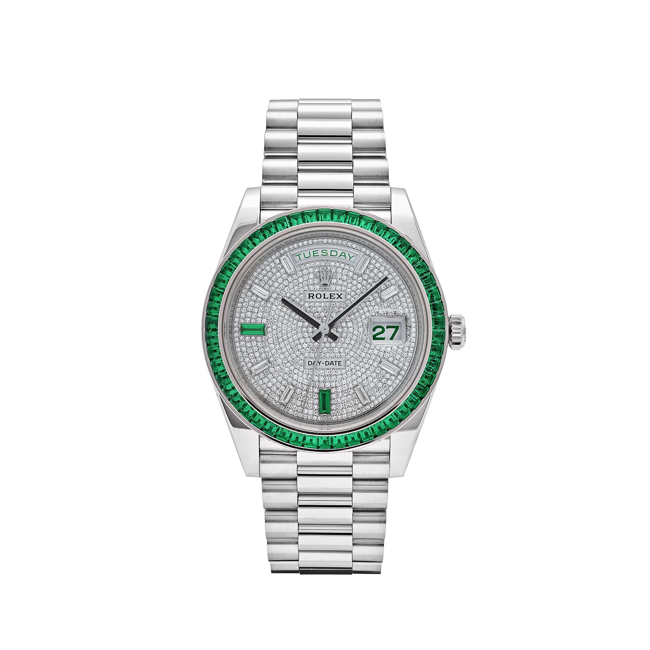 Rolex Day-Date 40 228396TEM Platinum Diamond Dial Emerald Bezel