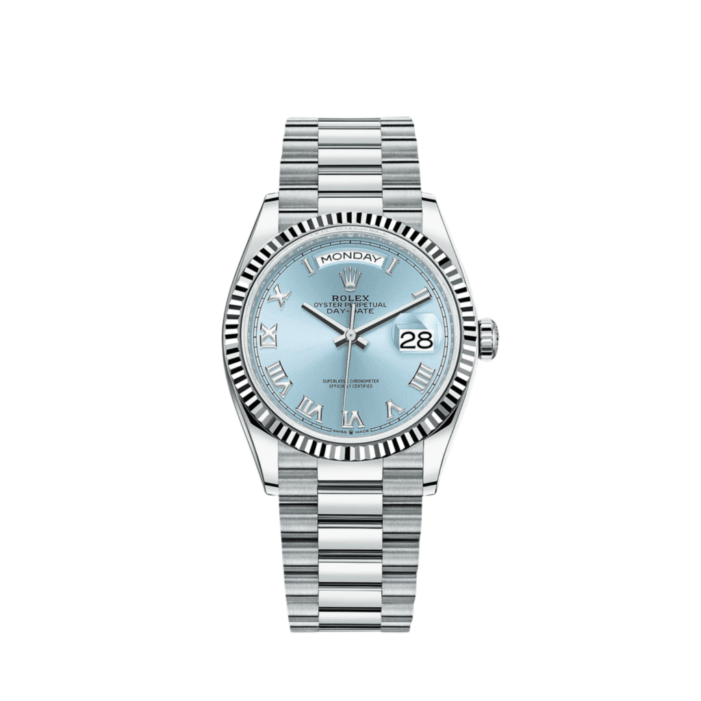 Rolex Day-Date 36 128236 Platinum Ice Blue Roman Numerals Dial