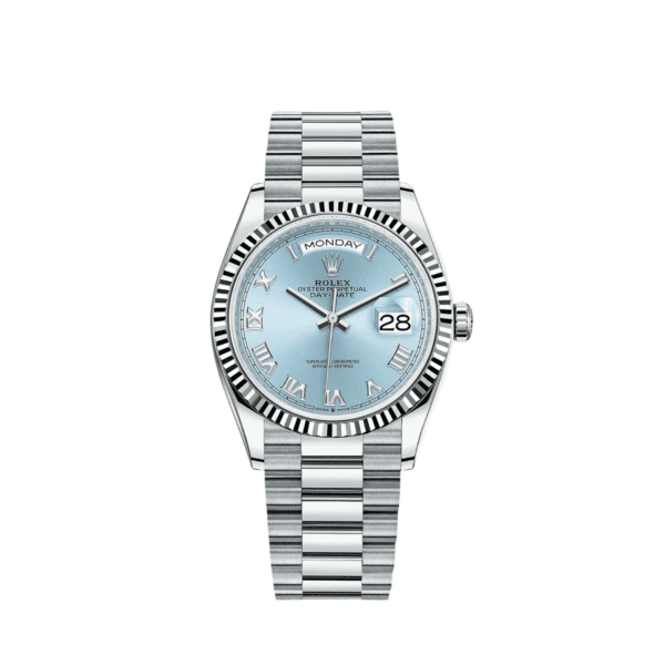 Rolex Day-Date 36 128236 Platinum Ice Blue Roman Numerals Dial