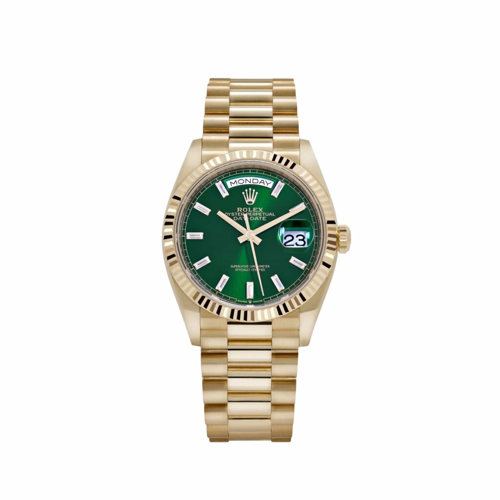 Rolex Day-Date 36 128238 Yellow Gold Green Diamond Baguette Dial