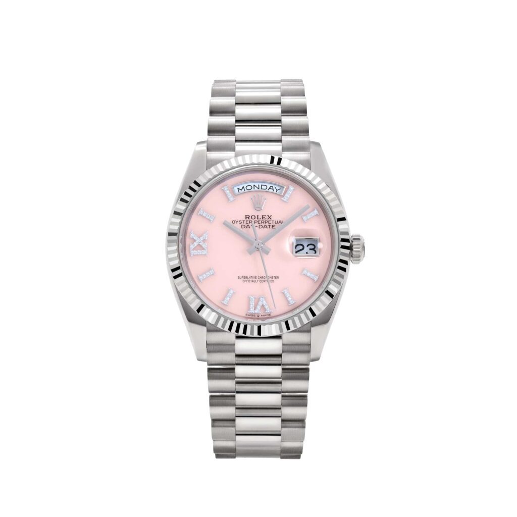 Rolex Day-Date 36 128239 White Gold Pink Opal Diamond Roman Numerals Dial