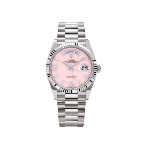 Rolex Day-Date 36 128239 White Gold Pink Opal Diamond Roman Numerals Dial