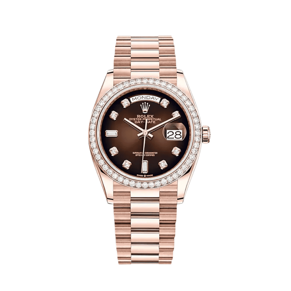 Rolex Day-Date 36 128345RBR Rose Gold Diamond Bezel Brown Diamond Dial