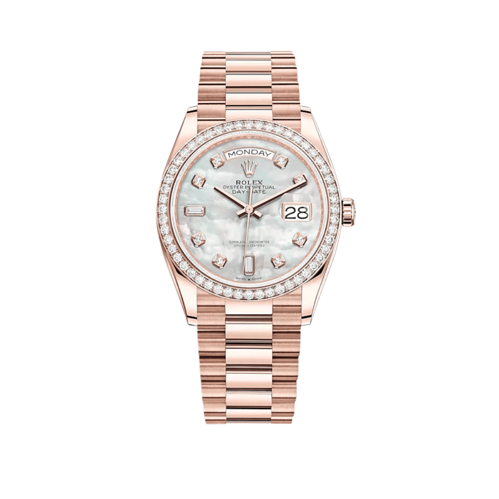 Rolex Day-Date 36 128345RBR Rose Gold Mother Of Pearl Diamond Bezel