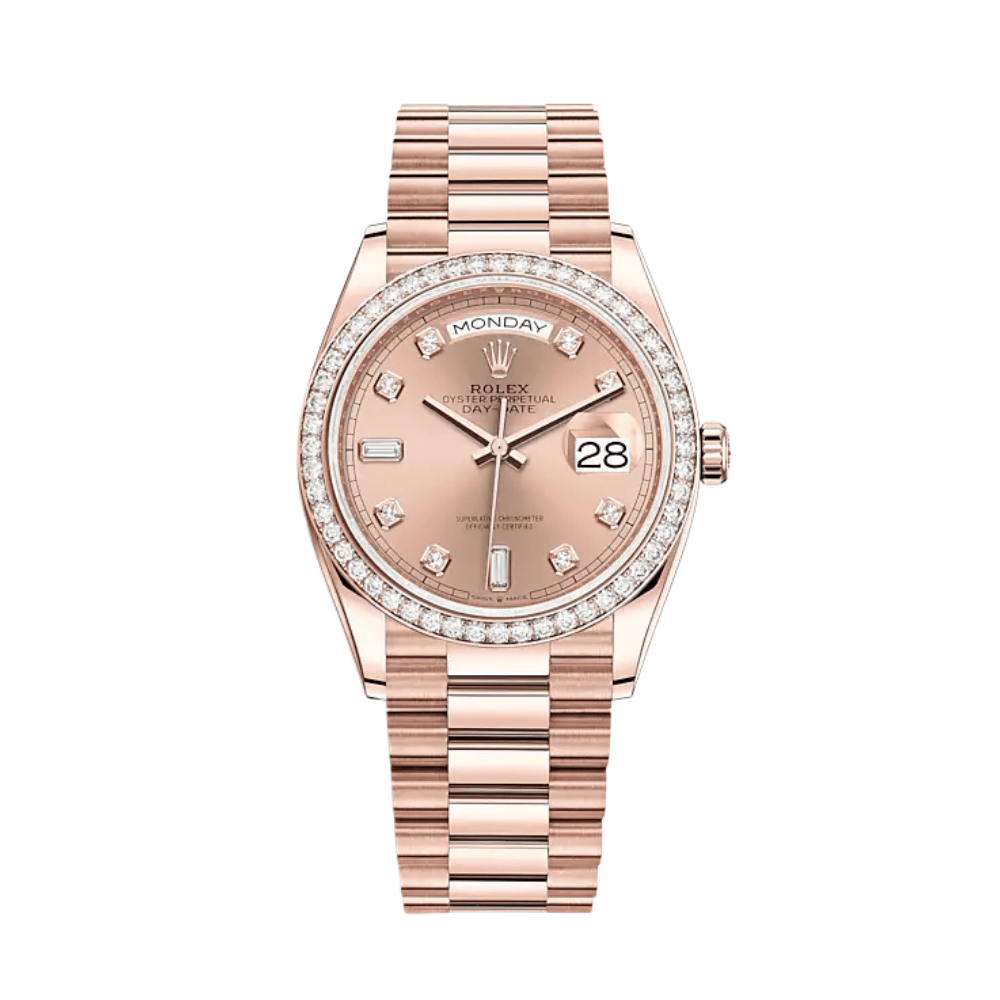 Rolex Day-Date 36 128345RBR Rose Gold Diamond Bezel Rosé Diamond Dial