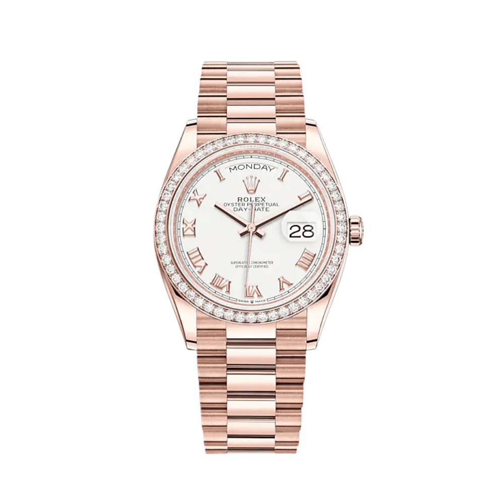 Rolex Day-Date 36 128345RBR Rose Gold Diamond Bezel White Dial
