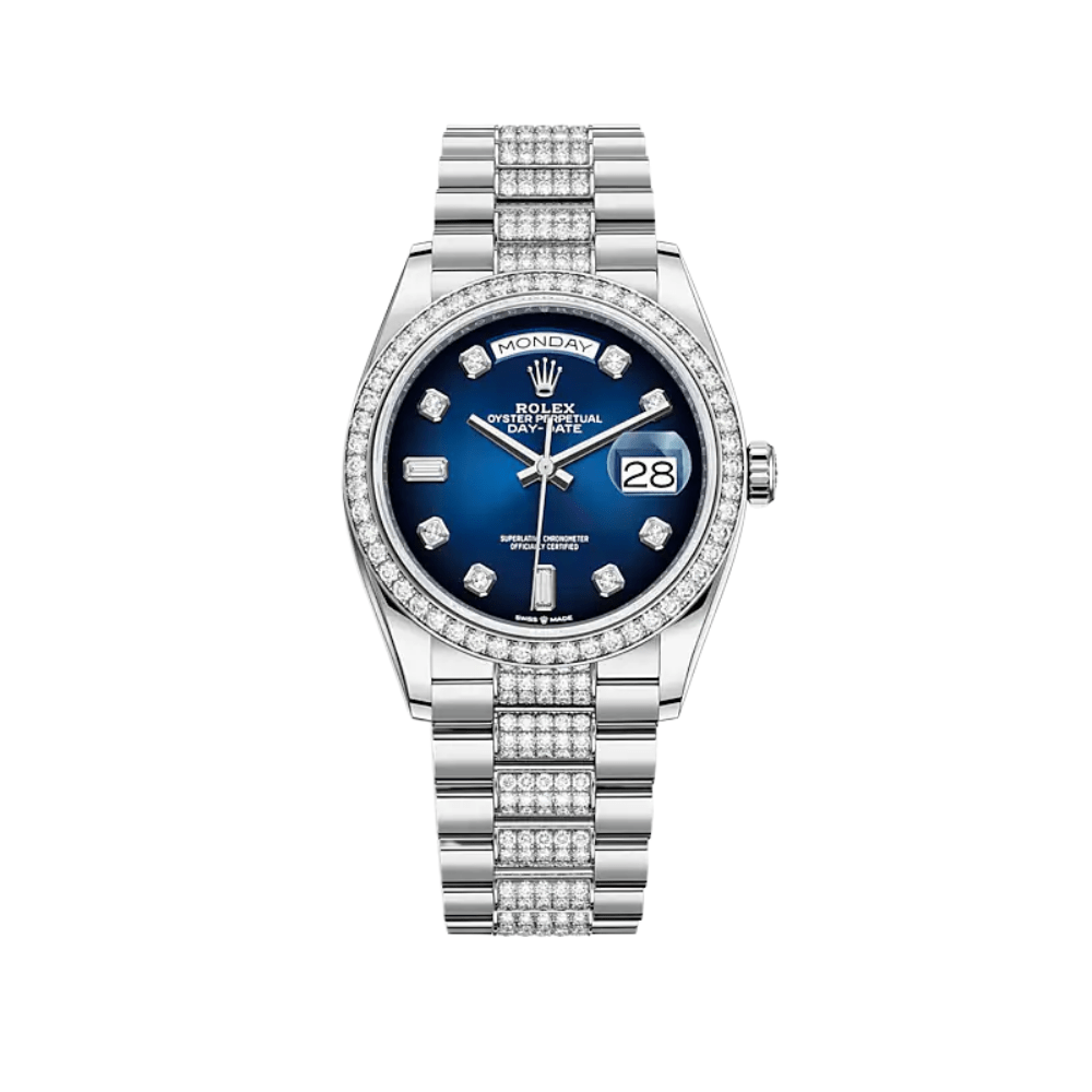 Rolex Day-Date 36 128349RBR White Gold Diamond Bezel Blue Diamond Dial