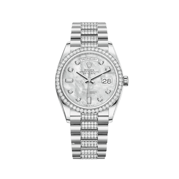 Rolex Day-Date 36 128349RBR White Gold Diamond Bezel Mother Of Pearl Diamond Dial