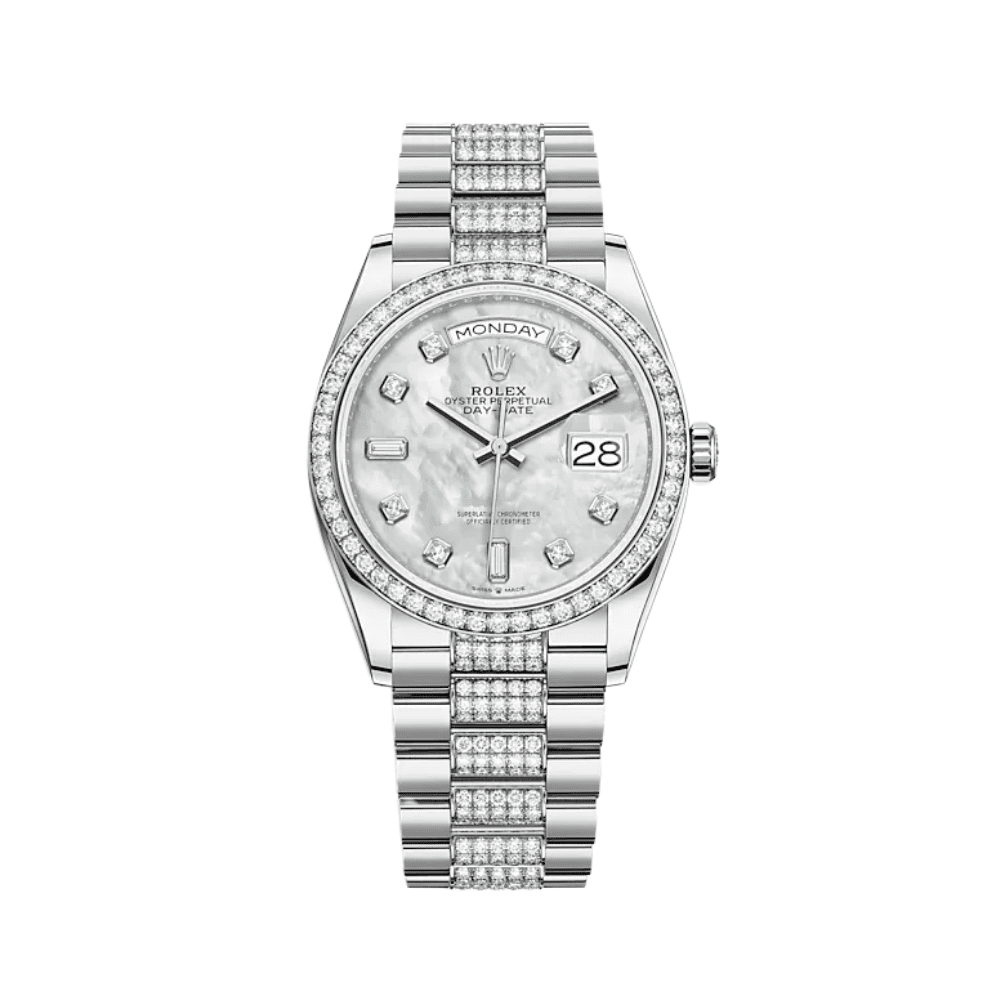 Rolex Day-Date 36 128349RBR White Gold Diamond Bezel Mother Of Pearl Diamond Dial