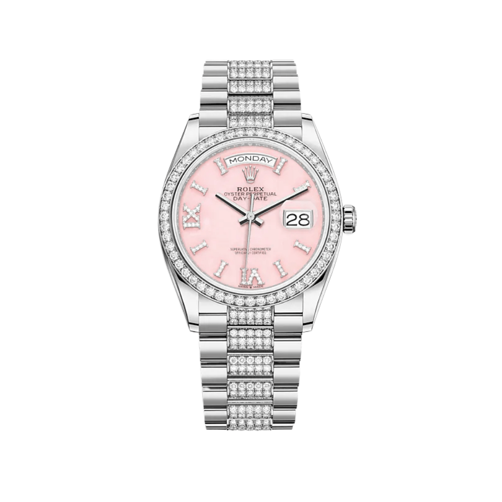 Rolex Day-Date 36 128349RBR White Gold Diamond Bezel Pink Diamond Dial