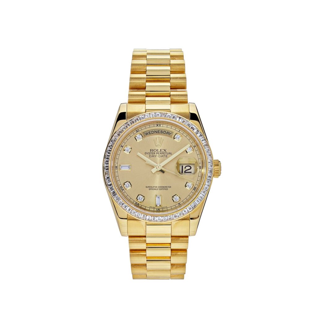 Rolex Day-Date 36 118398BR Yellow Gold Diamond Bezel Champagne Diamond Dial