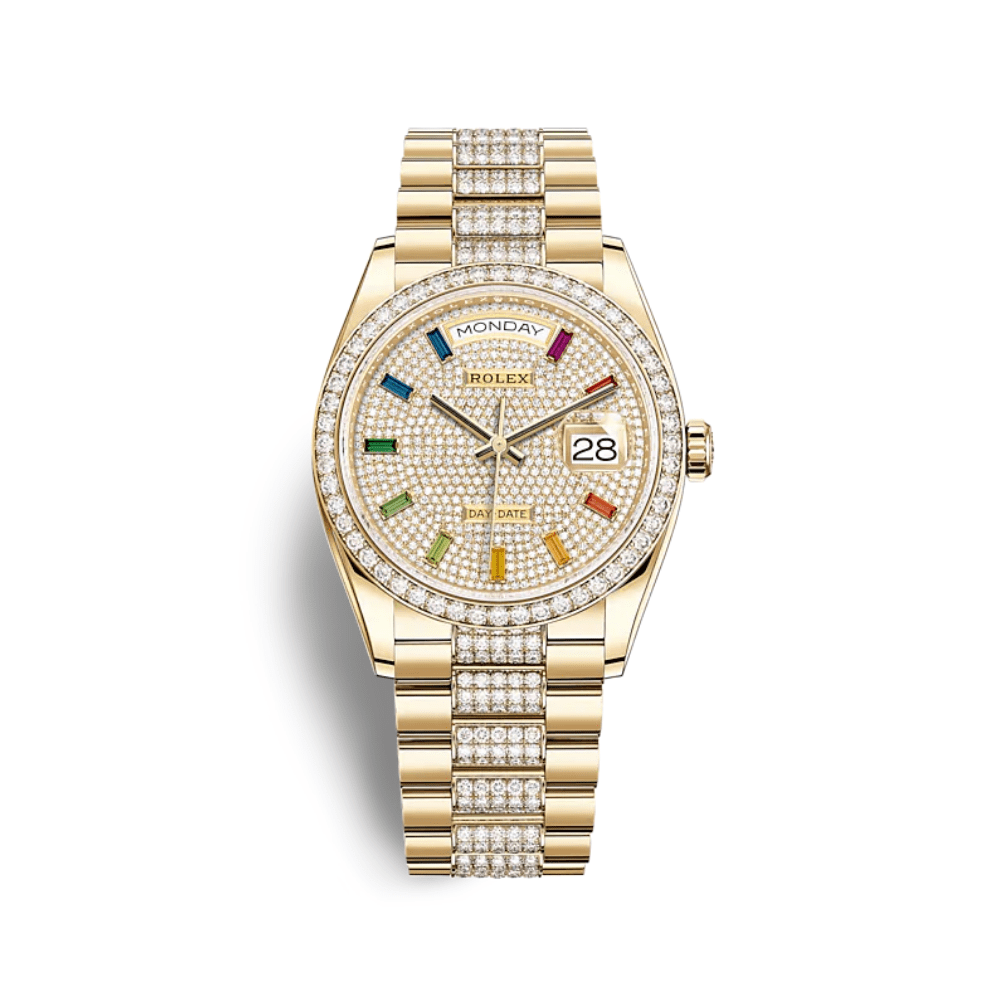 Rolex Day-Date 36 128348RBR Yellow Gold Diamond Bezel Diamond Paved Dial