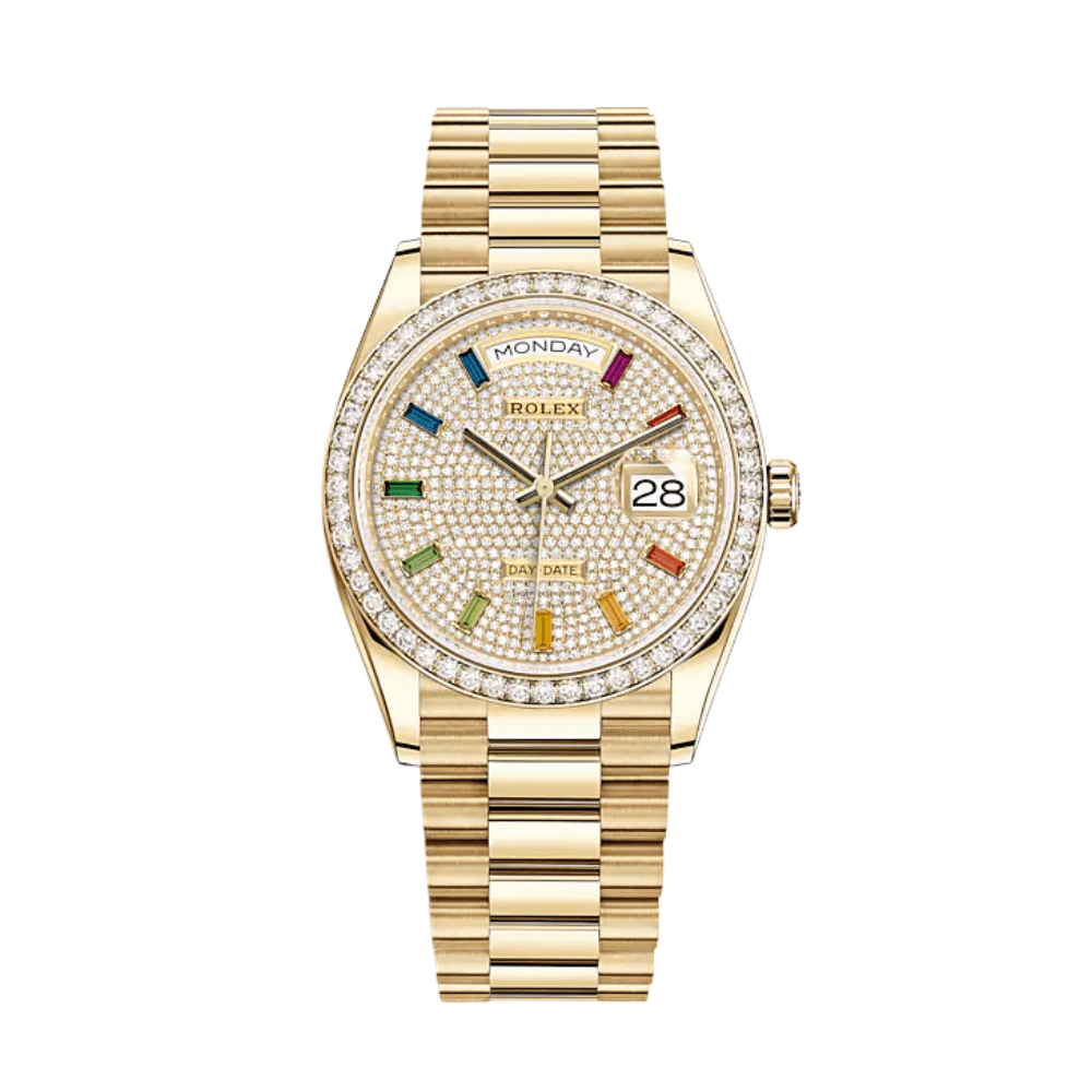 Rolex Day-Date 36 128348RBR Yellow Gold Diamond Bezel Diamond Paved Dial