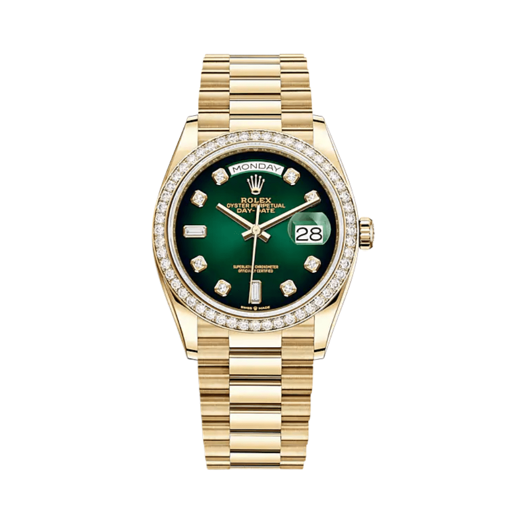 Rolex Day-Date 36 128348RBR Yellow Gold Diamond Bezel Green Diamond Dial