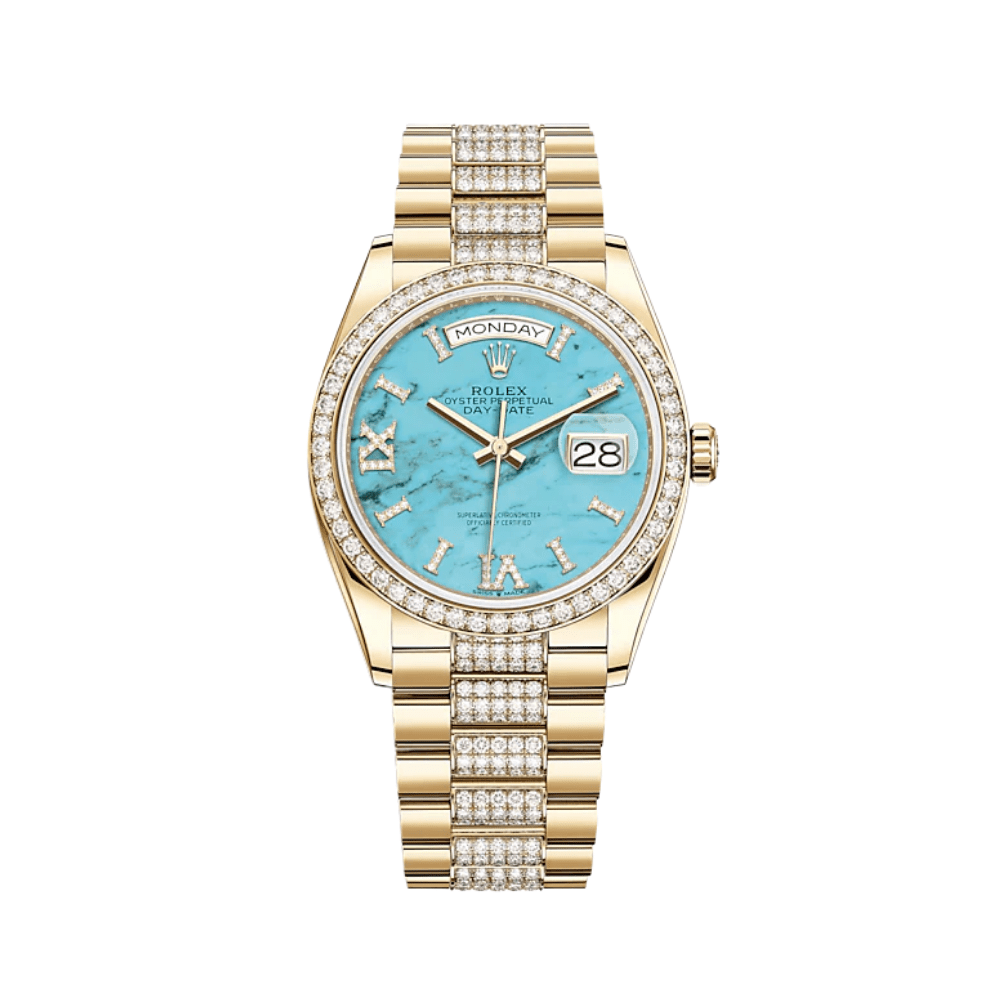 Rolex Day-Date 36 128348RBR Yellow Gold Diamond Bezel Turquoise Diamond Dial