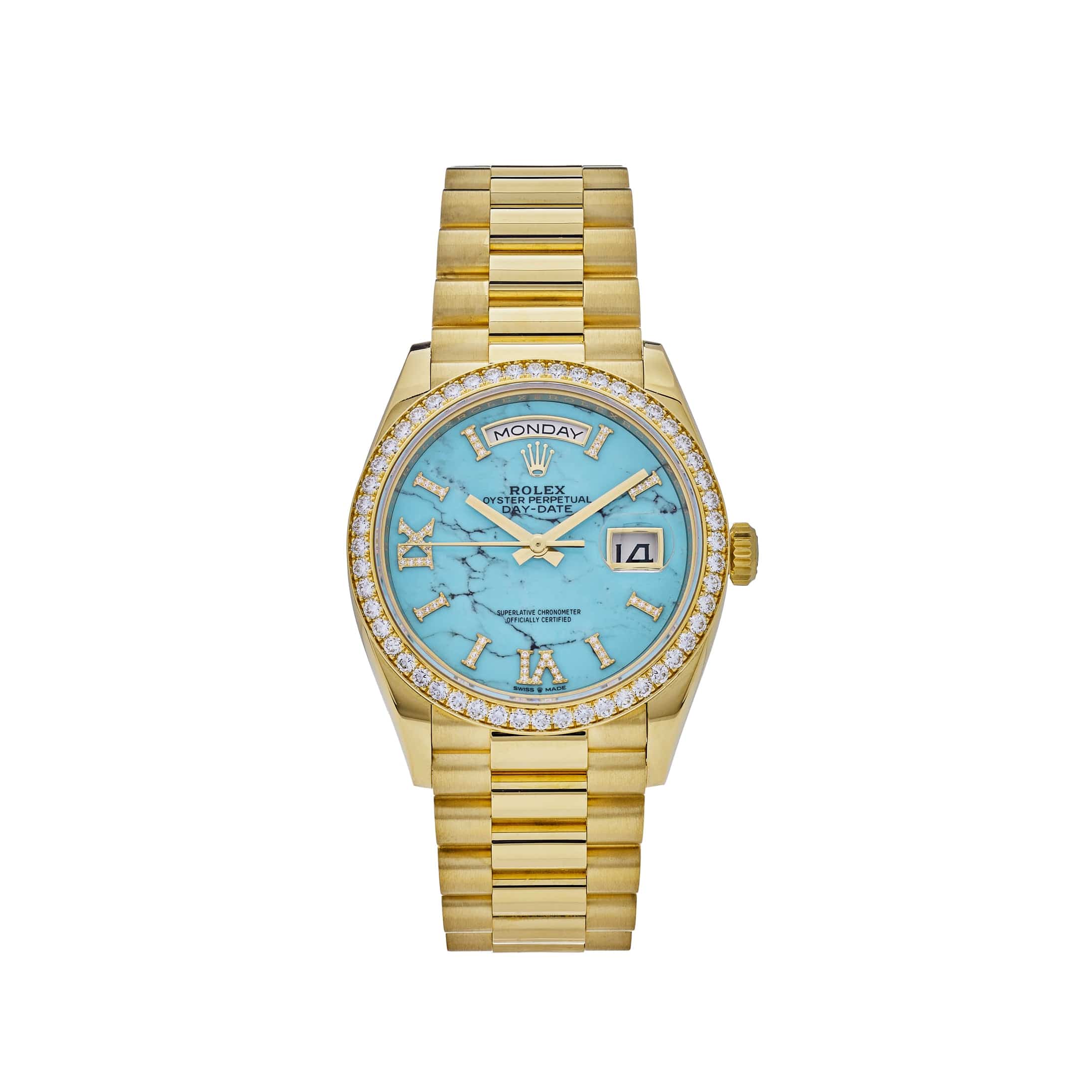 Rolex Day-Date 36 128348RBR Yellow Gold Diamond Bezel Turquoise Diamond Dial