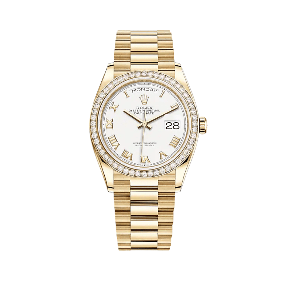 Rolex Day-Date 36 128348RBR Yellow Gold Diamond Bezel White Dial