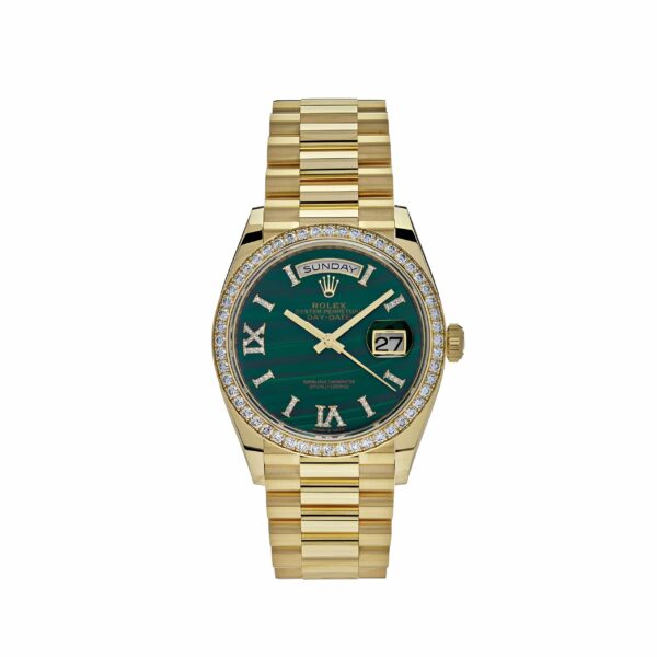 Rolex Day-Date 36 128348RBR Yellow Gold Green Malachite Dial Diamond Bezel