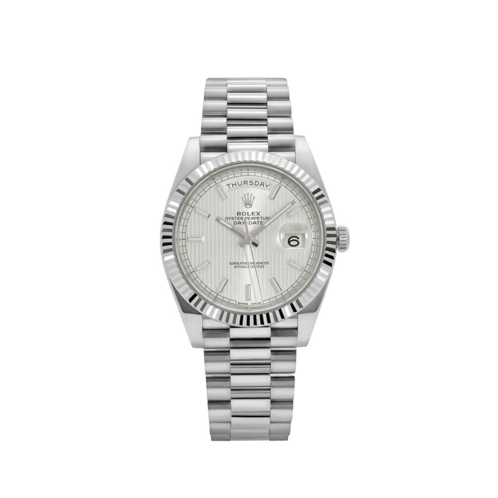 Rolex-Day Date 40 228239 White Gold Silver Stripe Motif Dial