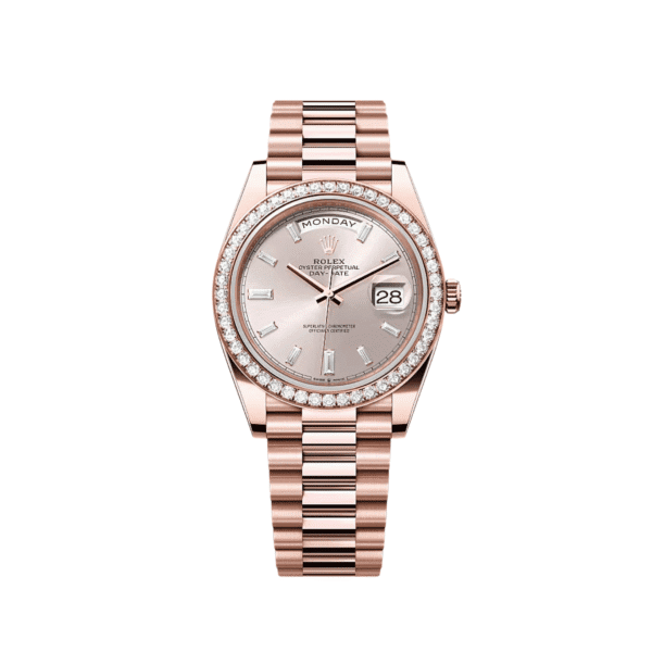 Rolex Day-Date 40 228345RBR Rose Gold Sundust Diamond Dial Diamond Bezel