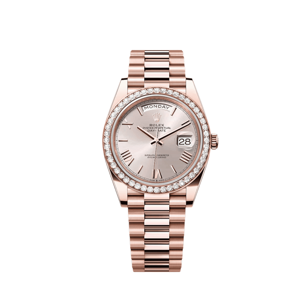 Rolex Day-Date 40 228345RBR Rose Gold Sundust Roman Numerals Dial Diamond Bezel
