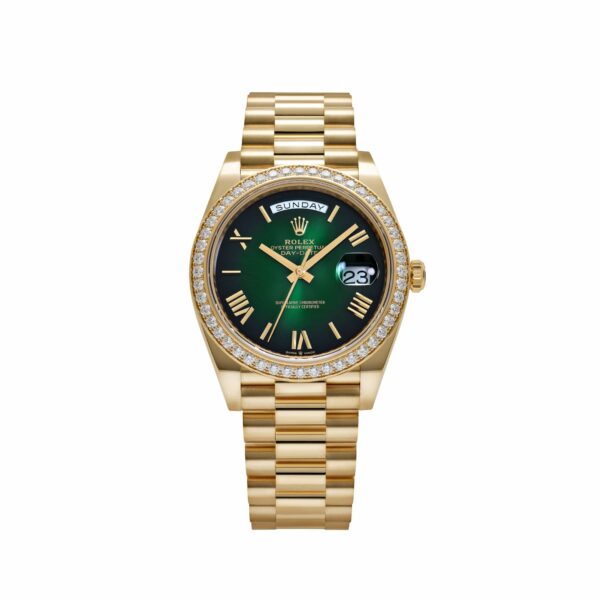 Rolex Day-Date 40 228348RBR Yellow Gold Green Ombre Roman Numeral Dial Diamond Bezel