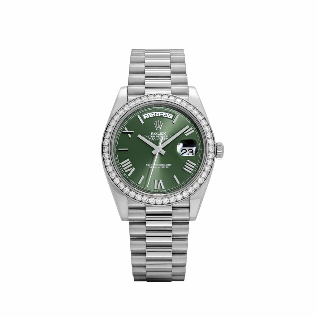 Rolex Day-Date 40 228349RBR White Gold Olive Green Dial Diamond Bezel