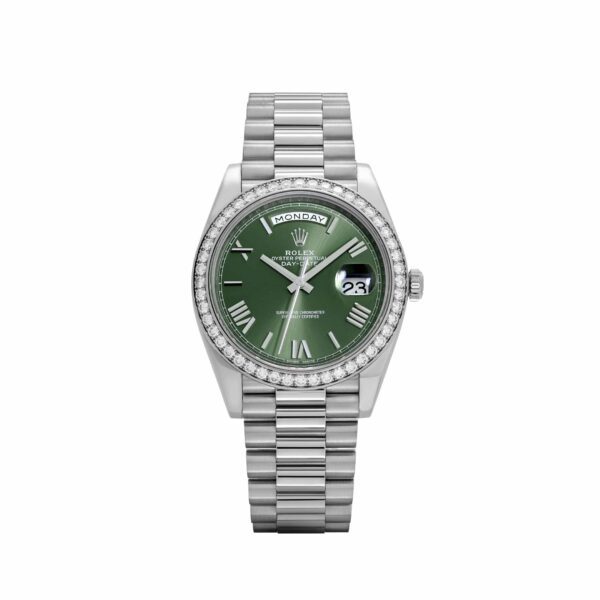 Rolex Day-Date 40 228349RBR White Gold Olive Green Dial Diamond Bezel