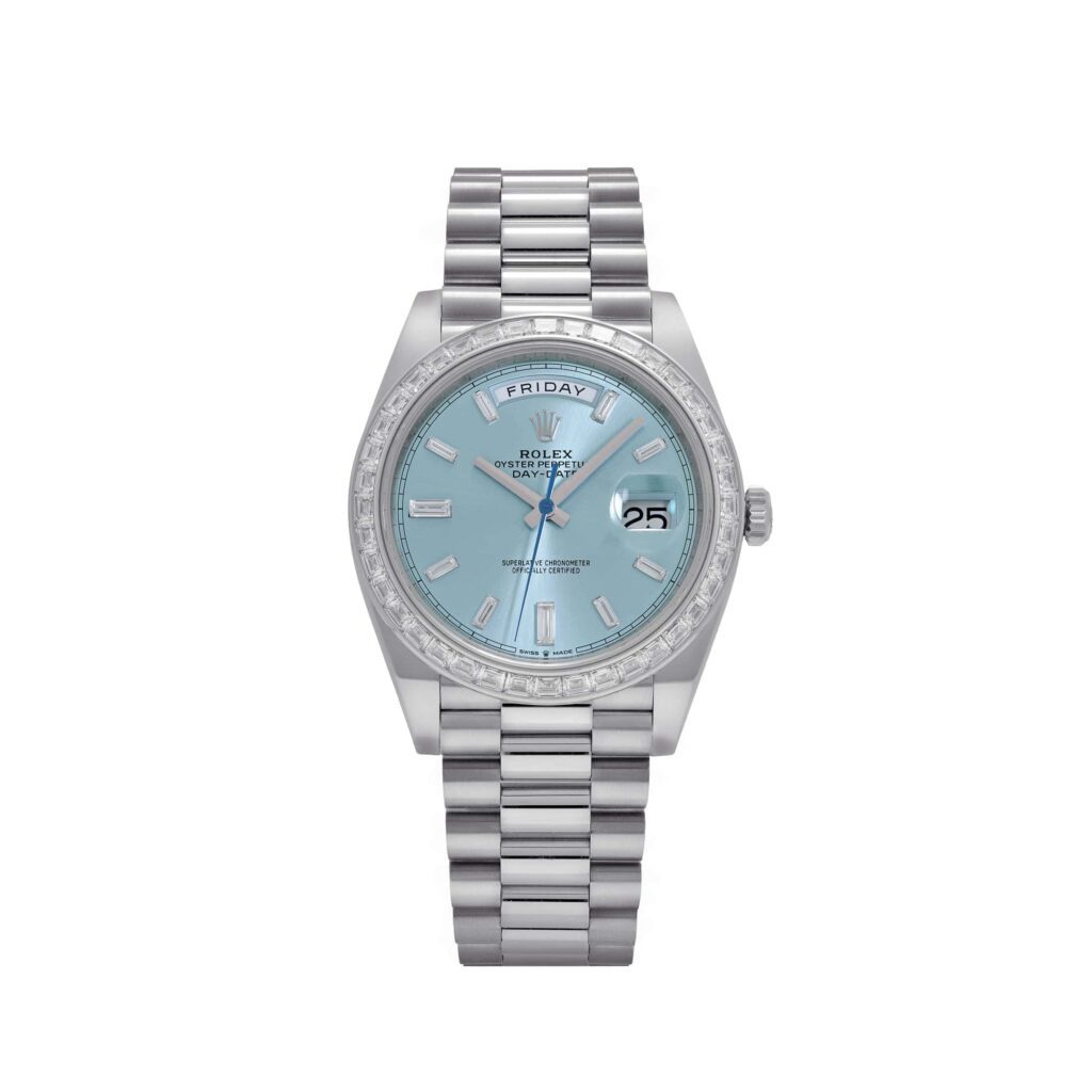 Rolex Day-Date 40 228396TBR Platinum Diamond Bezel Ice Blue Diamond Dial