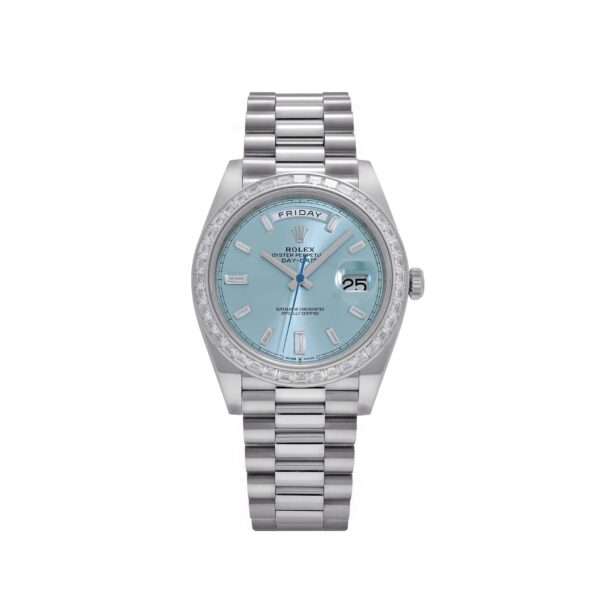 Rolex Day-Date 40 228396TBR Platinum Diamond Bezel Ice Blue Diamond Dial
