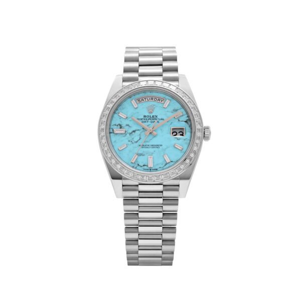 Rolex Day-Date 40 228396TBR Platinum Turquoise Stone Diamond Baguette Dial And Bezel