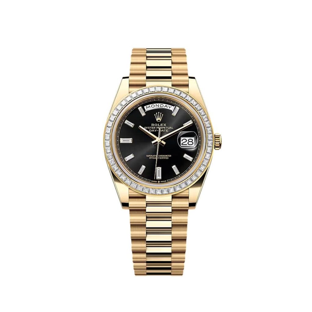 Rolex Day-Date 40 228398TBR Yellow Gold Black Diamond Baguette Dial Diamond Baguette Bezel