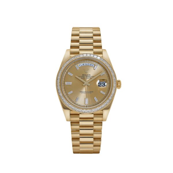 Rolex Day-Date 40 228398TBR Yellow Gold Champagne Diamond Baguette Dial Diamond Baguette Bezel