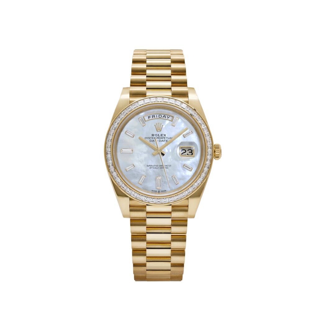Rolex Day-Date 40 228398TBR Yellow Gold Mother Of Pearl Diamond Baguette Dial And Bezel