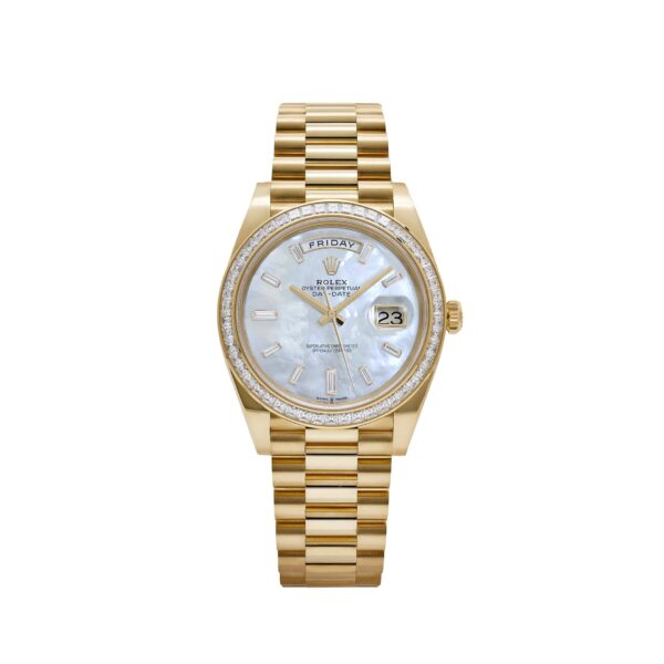Rolex Day-Date 40 228398TBR Yellow Gold Mother Of Pearl Diamond Baguette Dial And Bezel