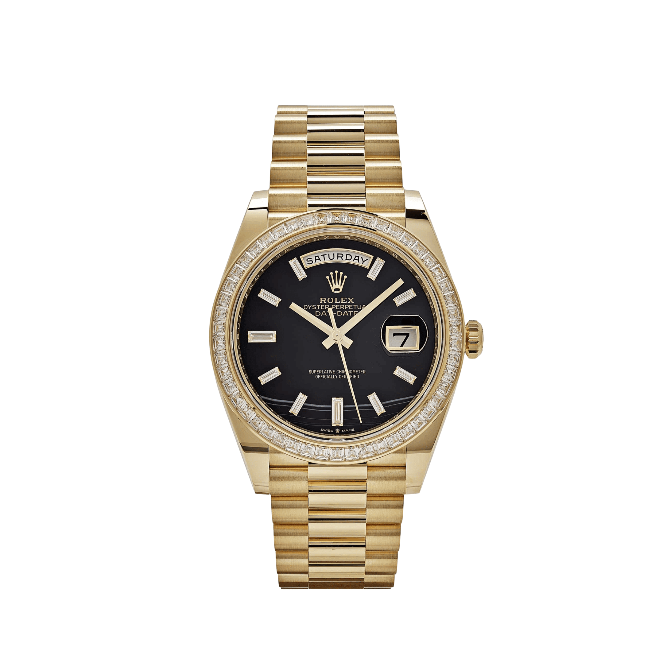 Rolex Day-Date 40 228398TBR Yellow Gold Onyx Baguette Diamond Dial Baguette Bezel