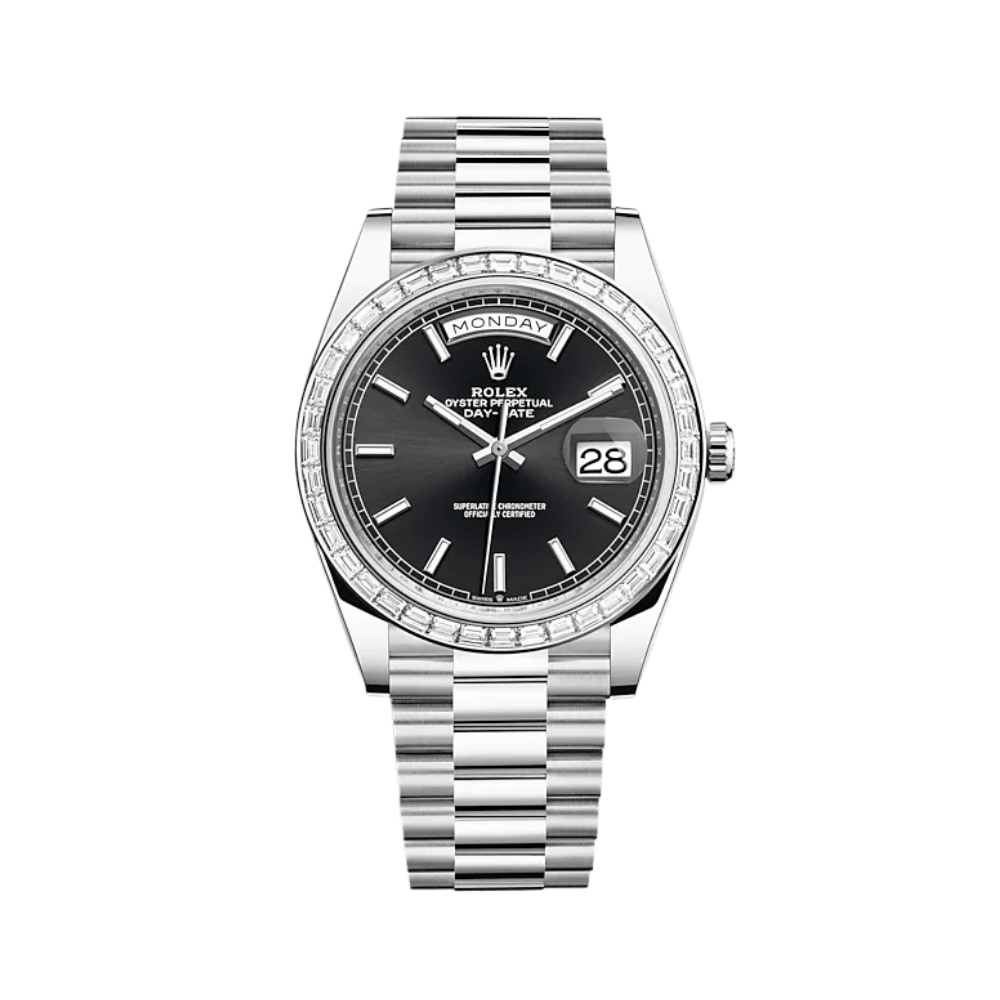 Rolex Day-Date 40 228396TBR Platinum Diamond Bezel Black Dial