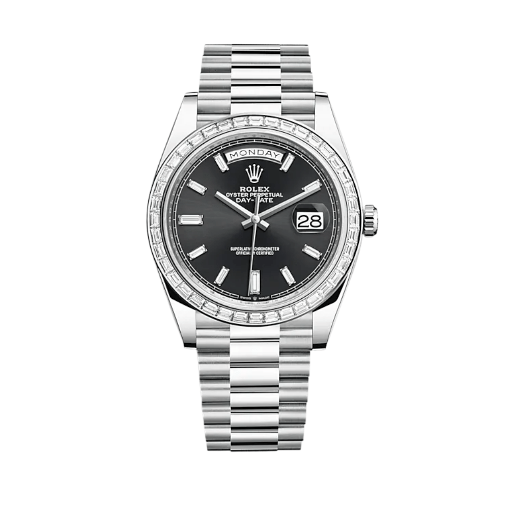 Rolex Day-Date 40 228396TBR Platinum Diamond Bezel Black Diamond Dial