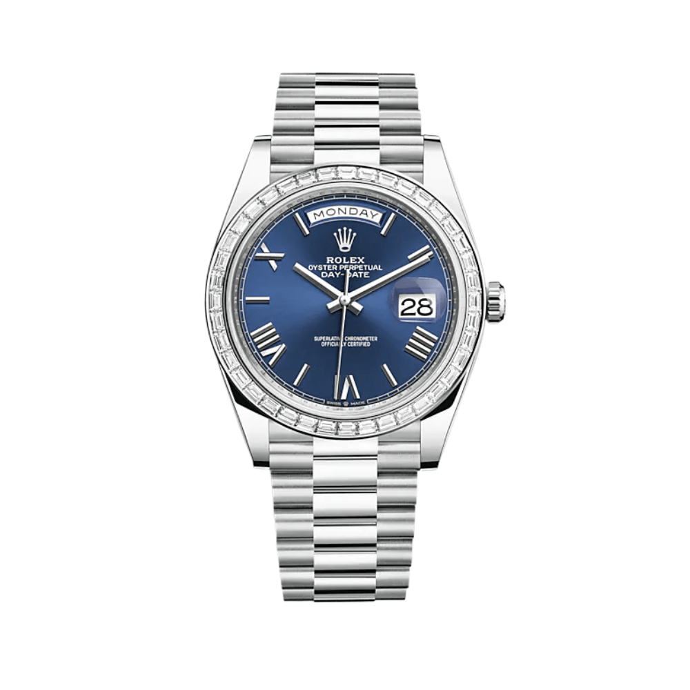 Rolex Day-Date 40 228396TBR Platinum Diamond Bezel Blue Dial