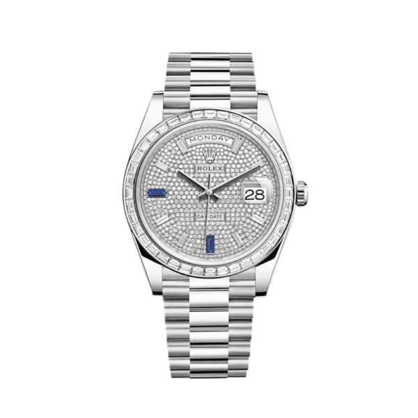 Rolex Day-Date 40 228396TBR Platinum Diamond Bezel Diamond-Paved Sapphire Dial