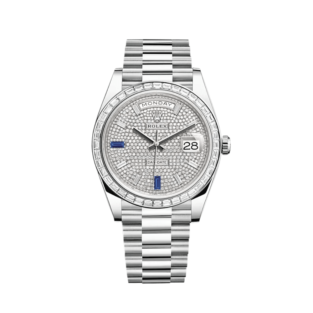 Rolex Day-Date 40 228396TBR Platinum Diamond Bezel Diamond-Paved Sapphire Dial