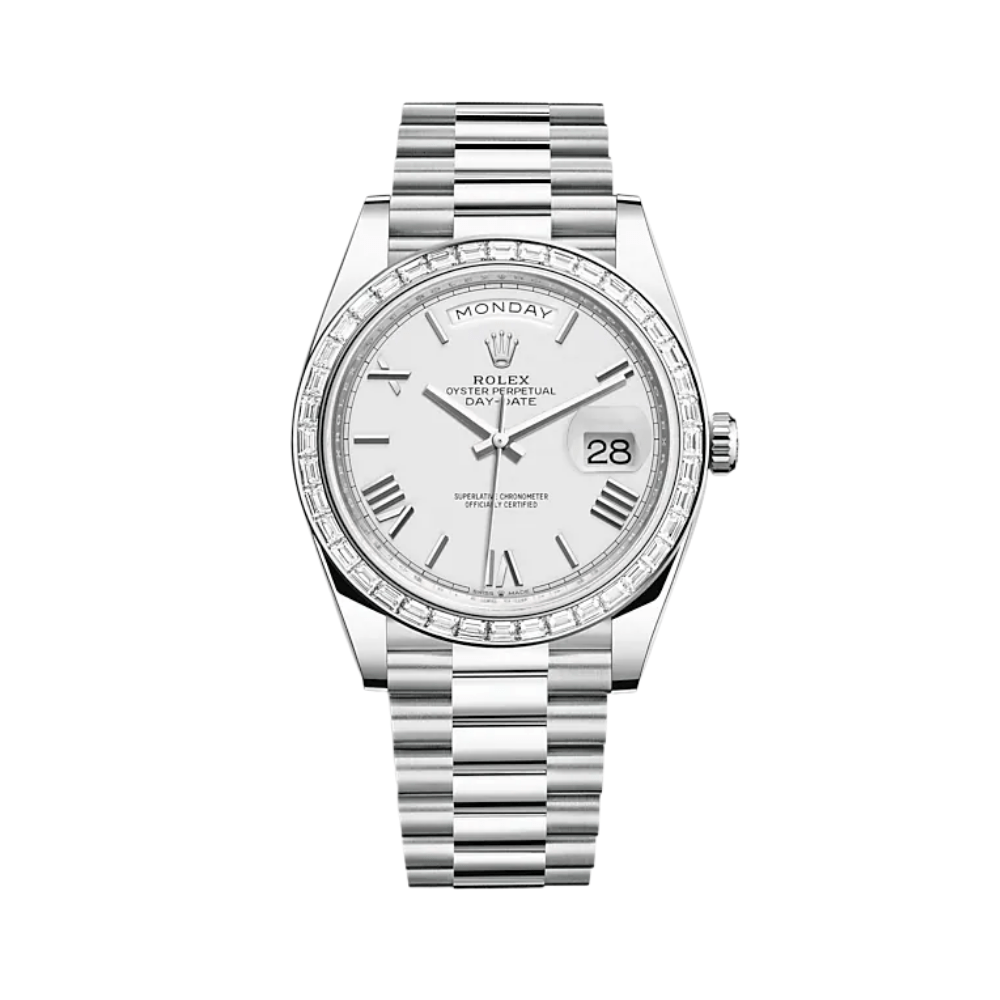 Rolex Day-Date 40 228396TBR Platinum Diamond Bezel White Dial