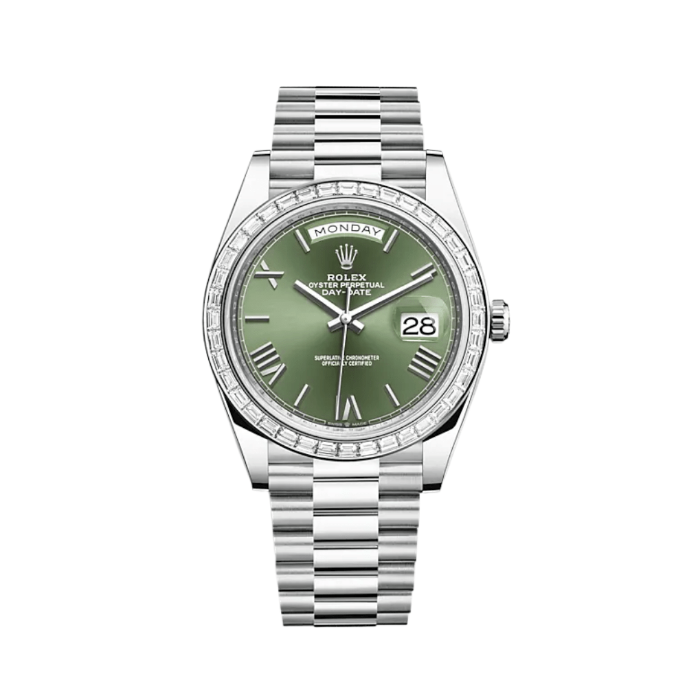 Rolex Day-Date 40 228396TBR Platinum Olive Green Dial Diamond Bezel