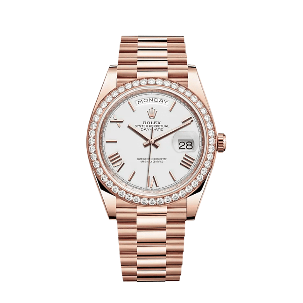 Rolex Day-Date 40 228345RBR Rose Gold Diamond Bezel White Dial