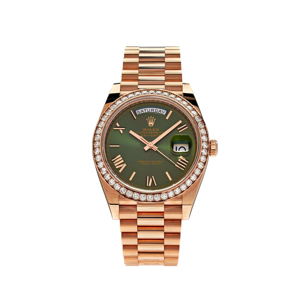 Rolex Day-Date 40 228345RBR Rose Gold Olive Green Dial Diamond Bezel