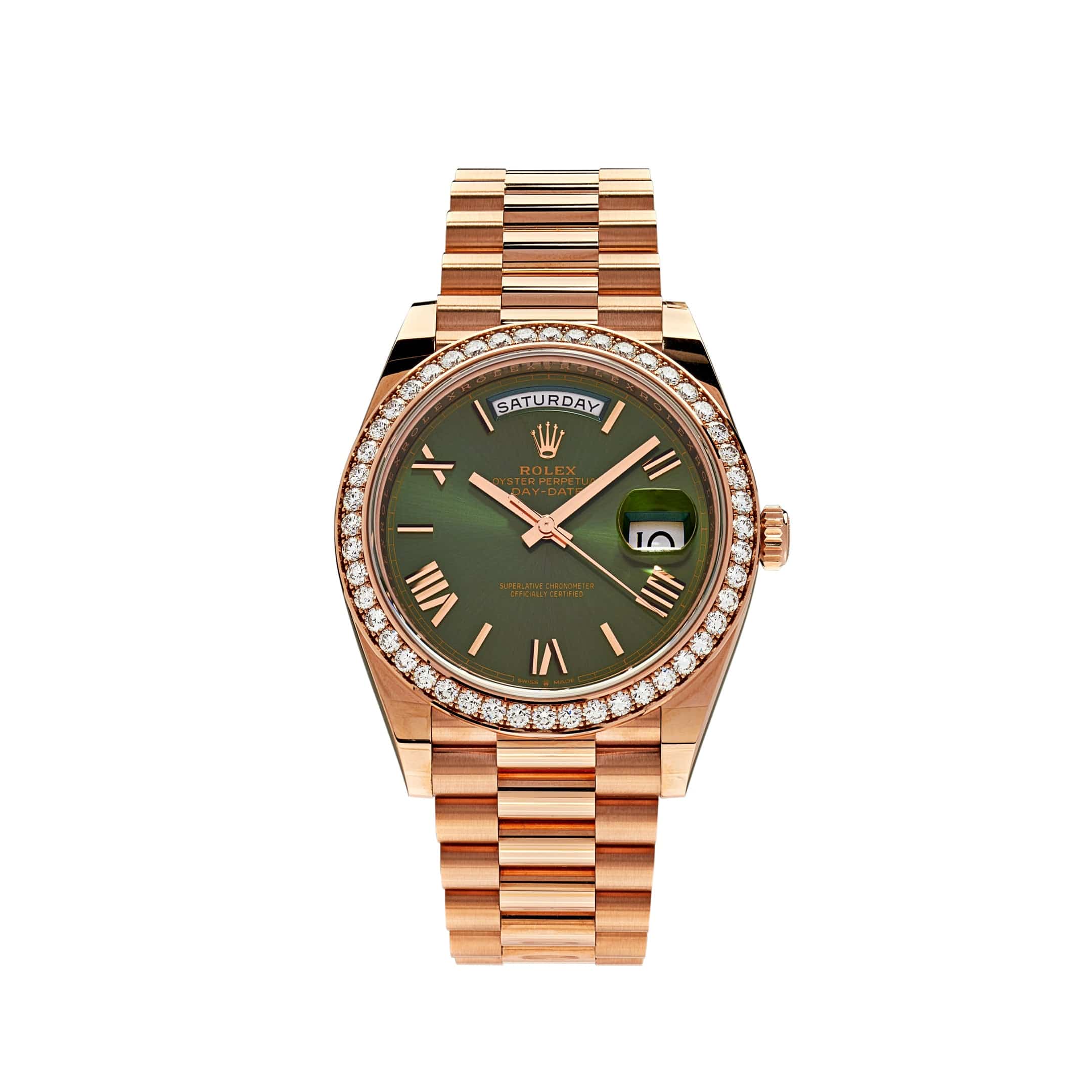 Rolex Day-Date 40 228345RBR Rose Gold Olive Green Dial Diamond Bezel