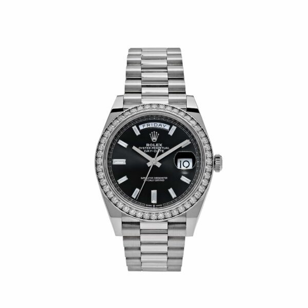 Rolex Day-Date 40 228349RBR White Gold Black Dial Diamond Bezel